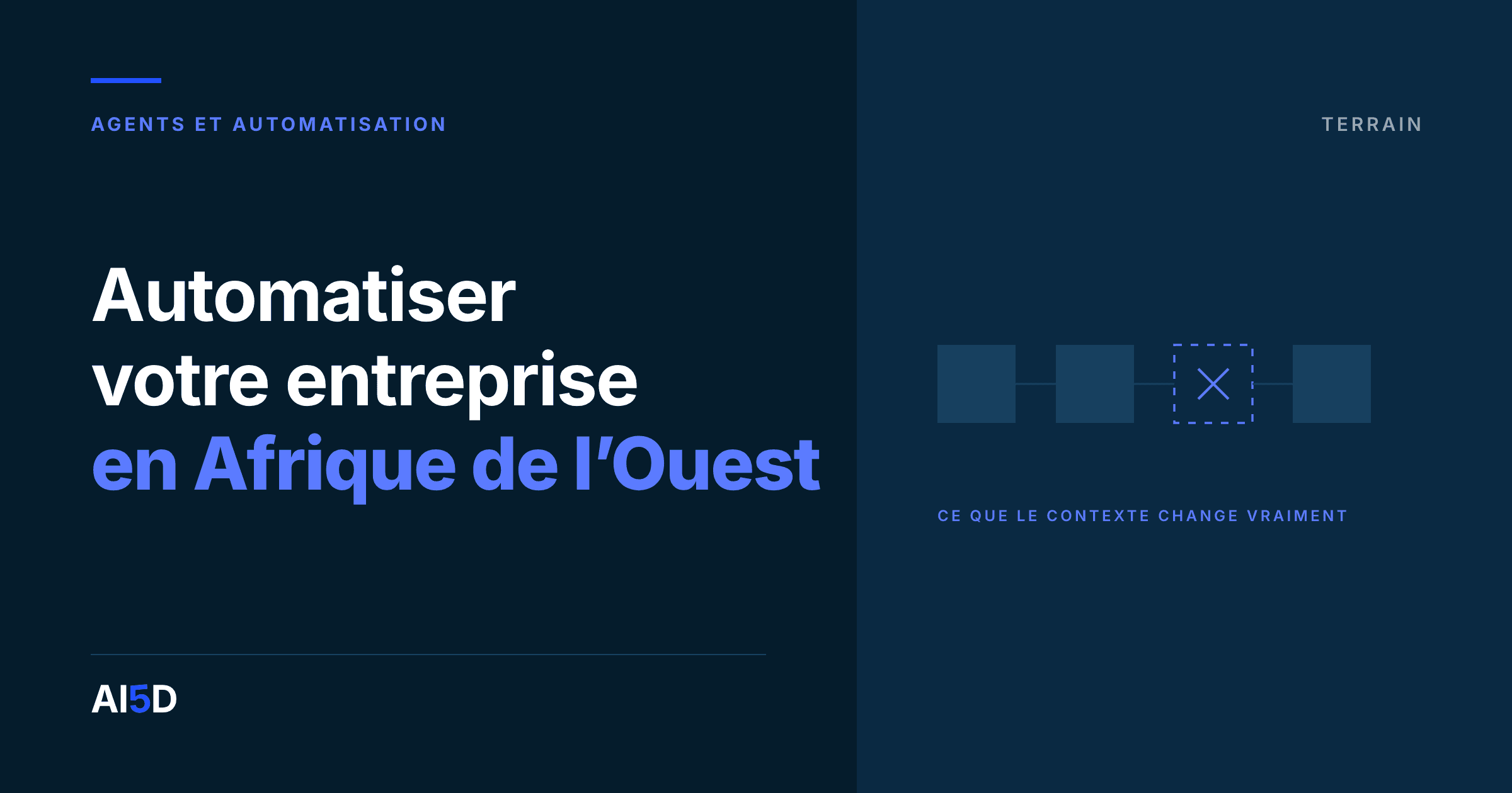Couverture de l’article : fond encre, le titre « Automatiser votre entreprise en Afrique de l’Ouest » en blanc et bleu, à droite, une chaîne de quatre maillons dont le troisième est en pointillés et barré d’une croix.
