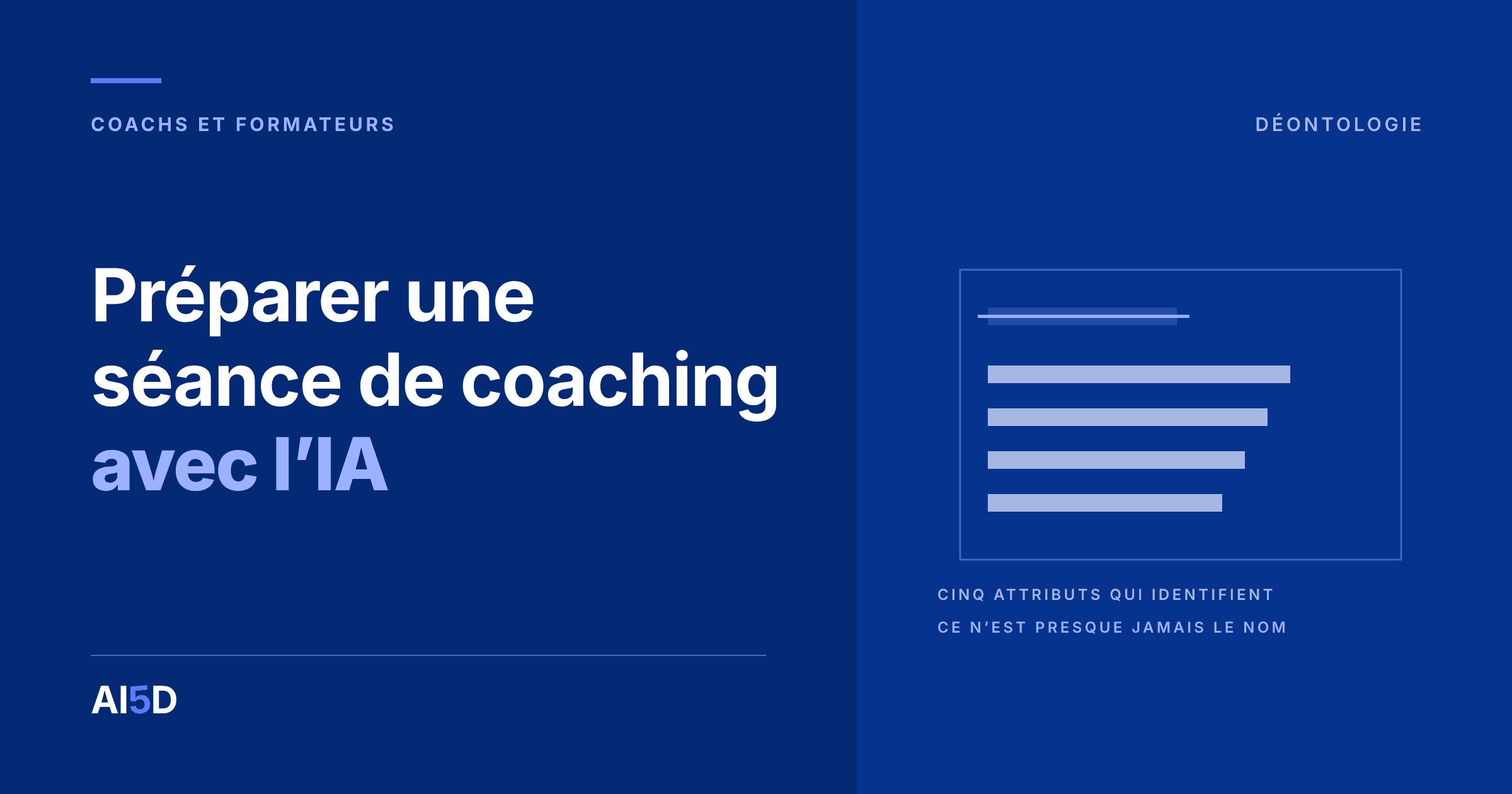 Couverture de l’article : fond bleu nuit, le titre « Préparer une séance de coaching avec l’IA » en blanc et bleu, à droite, une fiche dont la première ligne est barrée de bleu et dont quatre lignes pleines subsistent.