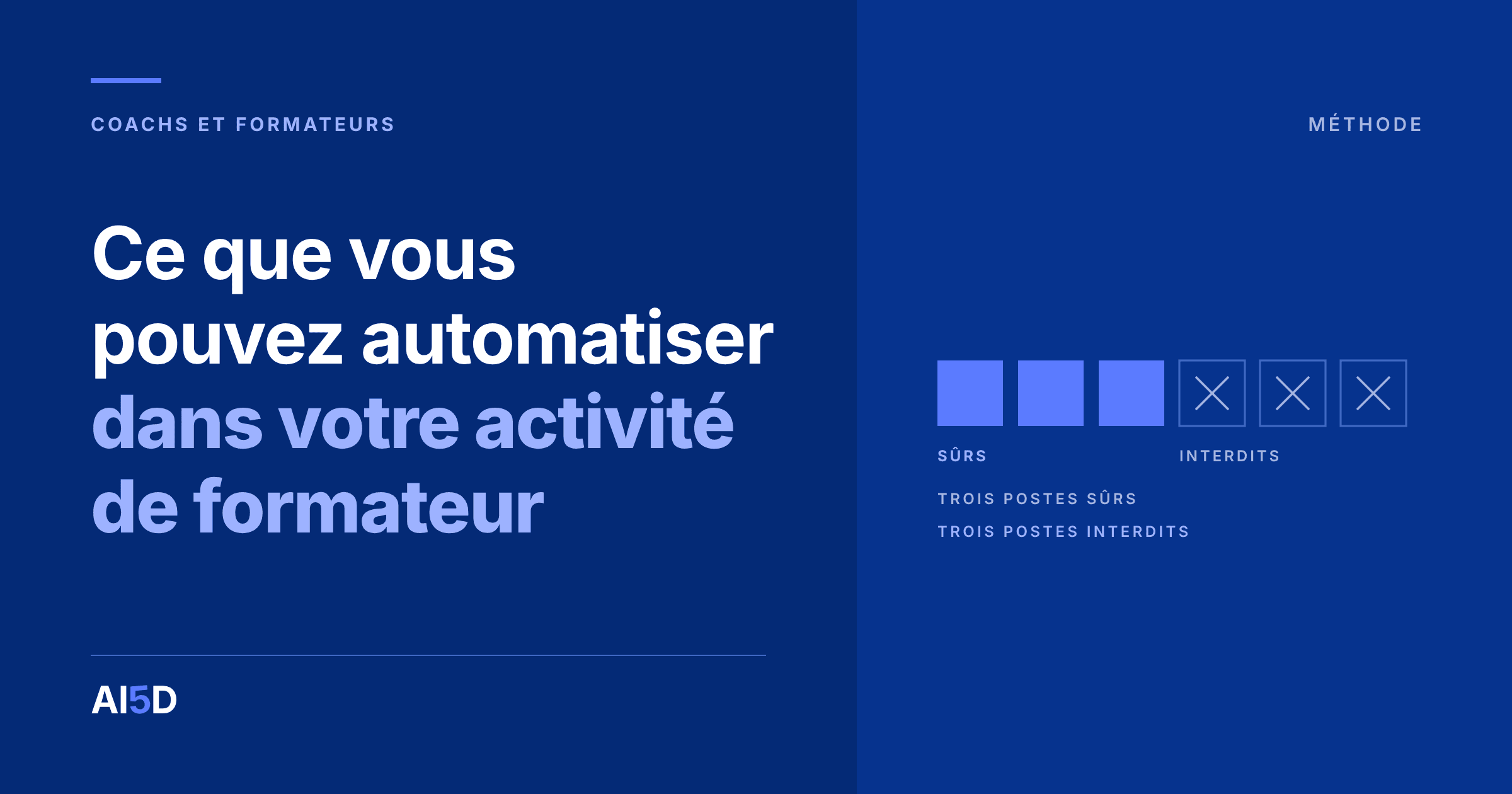 Couverture de l’article : fond bleu nuit, le titre « Ce que vous pouvez automatiser dans votre activité de formateur » en blanc et bleu, à droite, six cases dont trois pleines en bleu marquées Sûrs et trois barrées marquées Interdits.
