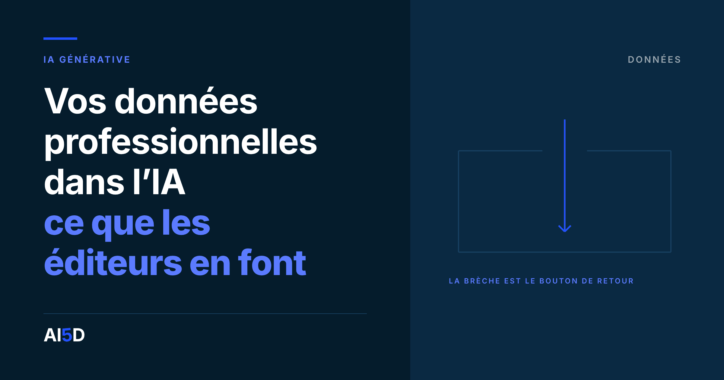 Couverture de l’article : fond encre, le titre « Vos données professionnelles dans l’IA : ce que les éditeurs en font » en blanc et bleu, à droite, un cadre fermé de tous côtés sauf une brèche en haut, traversée par une flèche bleue.