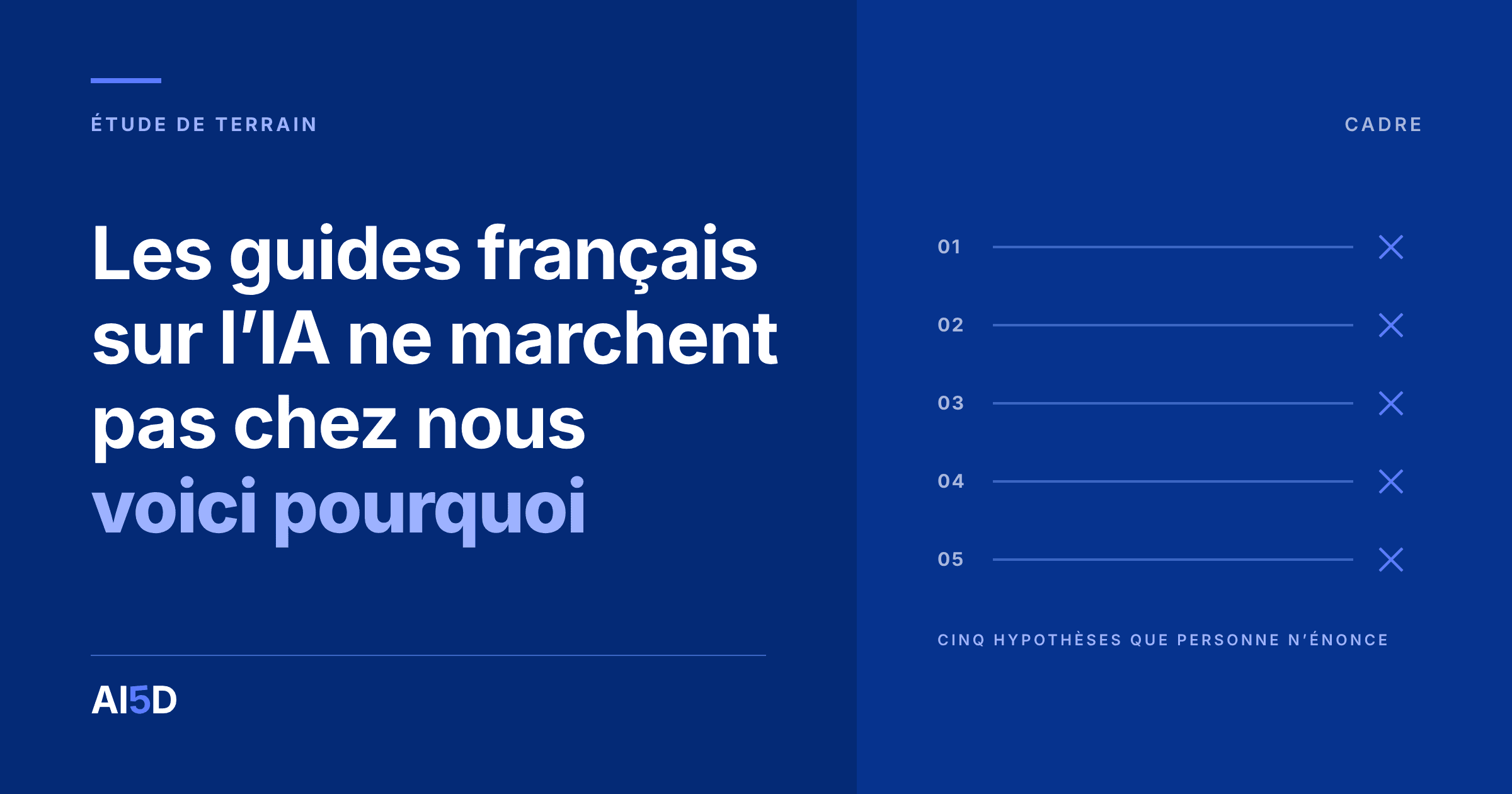 Couverture de l’article : fond bleu nuit, le titre « Les guides français sur l’IA ne marchent pas chez nous : voici pourquoi » en blanc et bleu, à droite, cinq lignes numérotées barrées chacune d’une croix bleue.