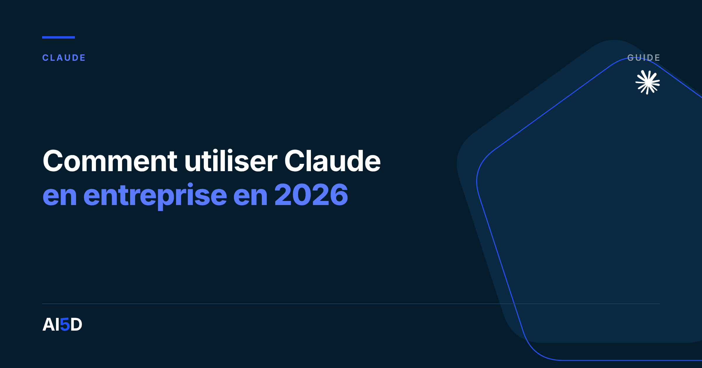 Couverture de l’article : fond encre, le titre « Comment utiliser Claude en entreprise en 2026 » en blanc et bleu, le signe AI5D en filigrane à droite, et en haut à droite le logo de Claude.